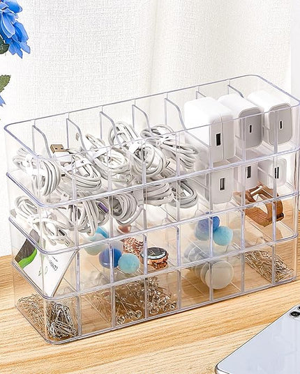 Tatuo 4 Pcs Cable Organizer with 40 Wire Ties, Plastic Cord Storage Charger Box Electronics Organizer with Adjustment Compartments Cable Storage for Drawer Home Office Desk Accessories (Clear)