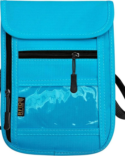 RFID Blocking Travel Neck Wallet Pouch and Passport Holder, Travel Neck Pouch Passport Holder for Women & Men - Light Blue