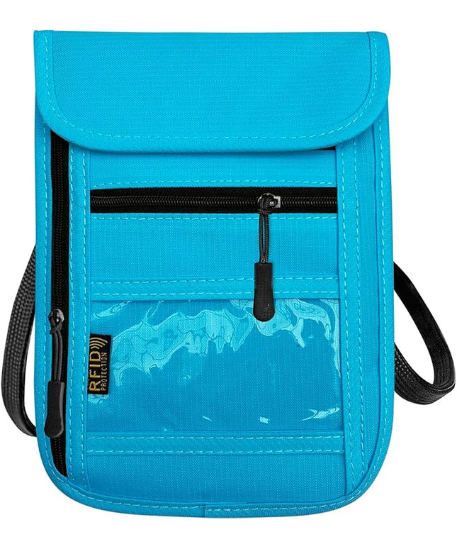 RFID Blocking Travel Neck Wallet Pouch and Passport Holder, Travel Neck Pouch Passport Holder for Women & Men - Light Blue