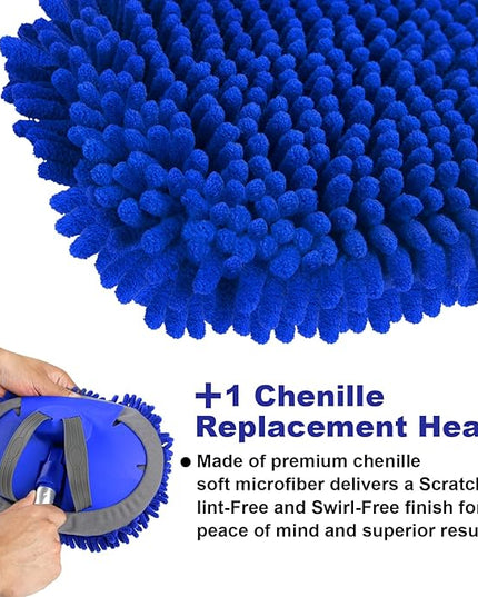 anngrowy 62" Microfiber Car Wash Brush with Long Handle Car Washing Mop Kit Mitt Sponge Car Cleaning Supplies Kit Duster RV Washing Car Brush Accessories, 1 Chenille Scratch-Free Replacement Head