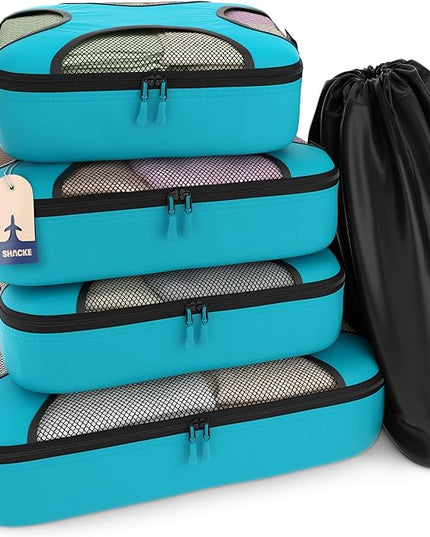 Shacke Premium 5 Packing Cubes Set - Lightweight Mesh Travel Luggage Organizers with Laundry Bag, 5-Piece Suitcase Storage System (Aqua Teal)
