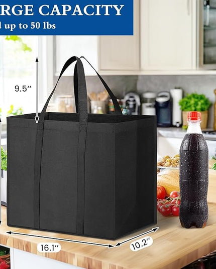 WISELIFE Reusable Grocery Shopping Bags 10 Pack Large Foldable Tote Bags Bulk, with Long Handle for Shopping Groceries Clothes (Black)
