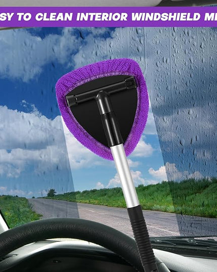 Baderke 10 Pcs Windshield Cleaner Tool Car Window Cleaning Supplies with Extendable Handle Include 6 Washable Microfiber Bonnets 2 Empty 60ml Spray Bottle Glass Wiper Kit(Purple)