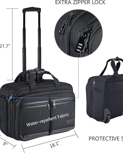 KROSER Rolling Laptop Bag Premium Rolling Briefcase Fits Up to 17.3 Inch Laptop Overnight Computer Bag with RFID Pockets for Travel/Business/Men/Women-Black