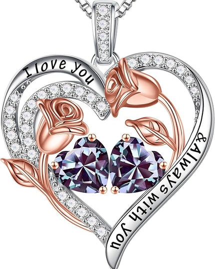 Iefil Christmas Gifts for Women Wife - 925 Sterling Silver Rose Heart Birthstone Necklace Birthday Anniversary Jewelry Gifts for Her Wife Mom Daughter