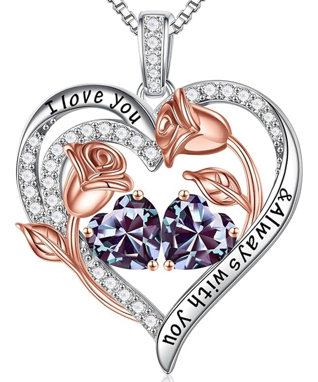Iefil Christmas Gifts for Women Wife - 925 Sterling Silver Rose Heart Birthstone Necklace Birthday Anniversary Jewelry Gifts for Her Wife Mom Daughter