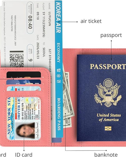 Passport Holder for Travel Essentials,RFID Blocking Passport Cover Wallet Card Case for Women and Men (Pink)