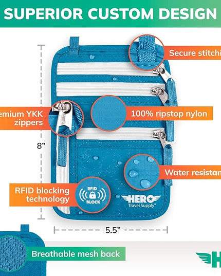 HERO Neck Wallet, RFID Blocking Passport Holder, Easy to Conceal Pouch