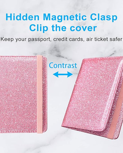 ACdream Passport Holder Cover, Leather Travel Wallet Case, RFID Blocking Document Organizer Protecrtor, with Slots for Credit Cards, Boarding Pass, for Women and Men, Glitter Pink