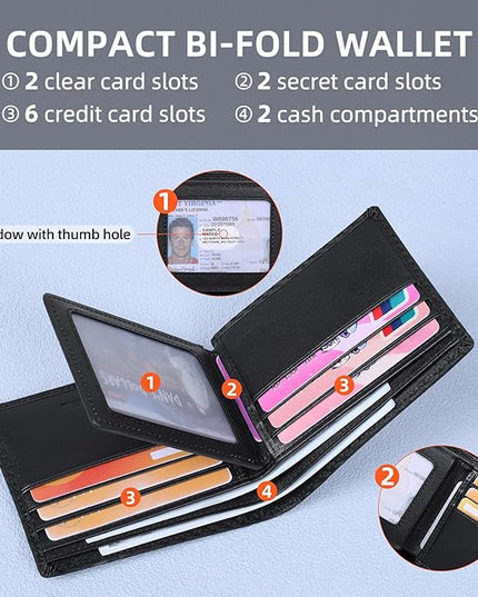 VISOUL Mens Carbon Fiber Leather Bifold Wallet with 2 ID Windows, RFID Blocking Secure Designer Wallets for Men with Two Cash Compartments (Black+Black)