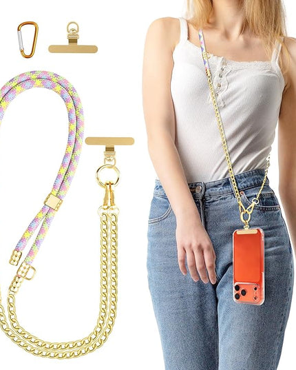Universal Phone Strap, Metal Cell Phone Chain & Color-Mixing Braided Phone Lanyard Combination for iPhone 17, 16 Series and Most Smartphones, Stylish and Durable, Color-Mixing
