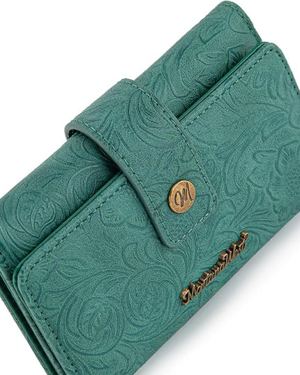 Montana West Women Wallet Small Embossed Floral RFID Wallets for Womens Wallet Card Holder Ladies Female Western Compact Wallets Turquoise with ID Window
