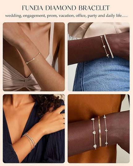 FUNEIA Dainty Silver Gold Bracelets for Women Trendy Non Tarnish 14K Gold Plated Waterproof Diamond Bracelets Cute Stackable Heart Butterfly Clover Cross Evil Eye Charm Bracelet Stack Jewelry Gifts