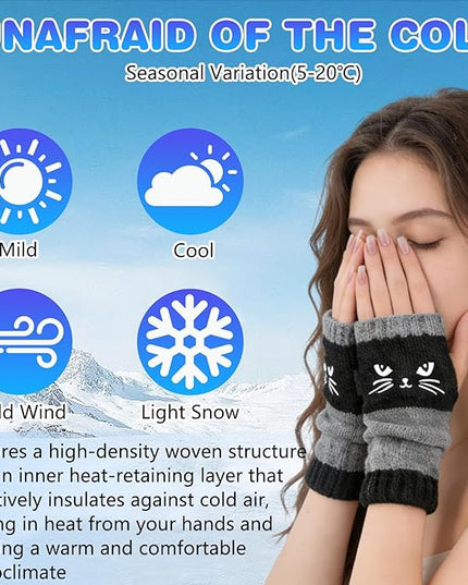 Women's Knitted Fingerless Gloves with Cute Cat Embroidery, Warm Fashion Leaky Finger Casual Cat Splicing Knitted Gloves