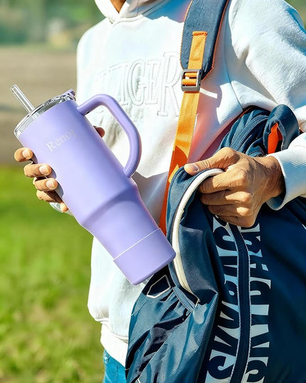 Renoj Tumbler with Handle 100% Leak Proof Insulated Water Bottle for Iced Coffee & Hot Drinks - Fits Car Cup Holder, Ideal Gift, 2 Straws & Silicone Boot BPA-Free - SnapShift Blue 40 oz