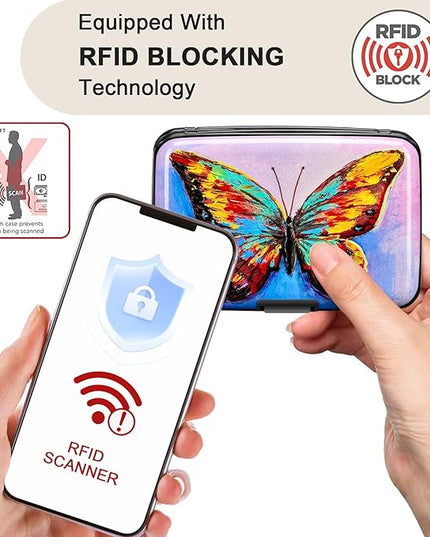 ELFISH RFID Blocking Credit Card Protector Aluminum ID Case Hard Shell Business Card Holders Metal Wallet for Men or Women (One Butterfly)