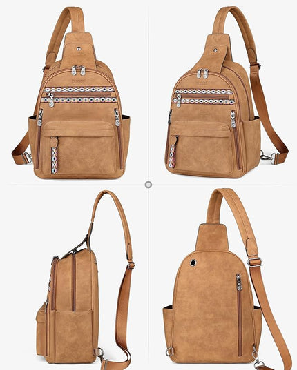 FADEON Large Sling Bag for Women, Leather Crossbody Purse Designer Anti Theft Sling Backpack, RFID Fanny Packs for Travel