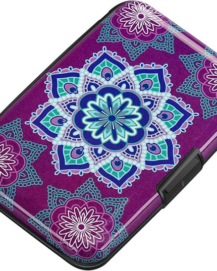 ELFISH Mini RFID Aluminum Wallet Credit Cards Holder Business Card Case Metal ID Case for Men Women (Purple flower)
