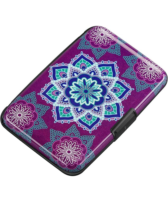 ELFISH Mini RFID Aluminum Wallet Credit Cards Holder Business Card Case Metal ID Case for Men Women (Purple flower)