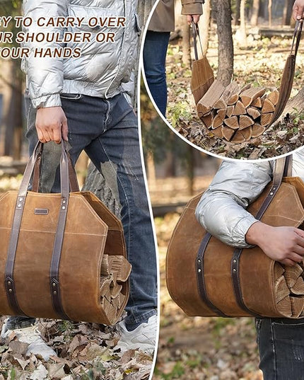 Canvas Firewood Log Carrier Bag, Waxed Durable Wood Tote of Fireplace Stove Accessories, Extra Large Hay Hauling with Handles for Outdoor Camping-Rust