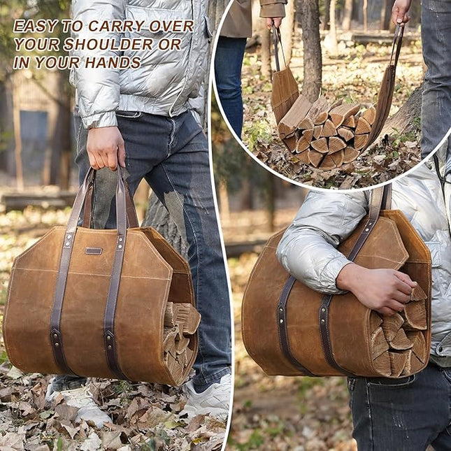 Canvas Firewood Log Carrier Bag, Waxed Durable Wood Tote of Fireplace Stove Accessories, Extra Large Hay Hauling with Handles for Outdoor Camping-Rust