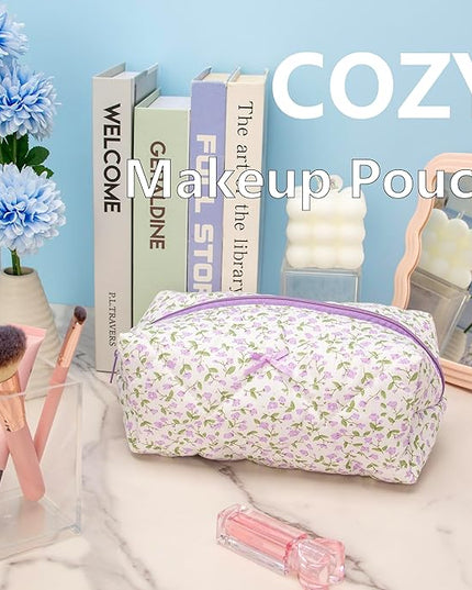 PAZIMIIK Cozy Makeup Bag Travel Cosmetic Bag for Women Soft Toiletry Bag Aesthetic Makeup Organizer Portable Large Zipper Pouch for Skincare Beauty Accessories Brushes Floral Purple