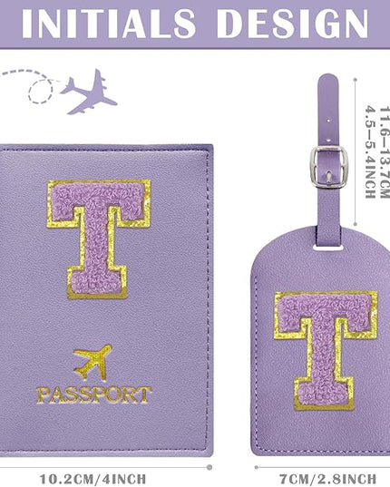 COSHAYSOO Initial Passport Cover Luggage Tag Set Letter Passport Holder Airplane Cruise Travel Essentials Vacation Traveling Accessories Personalized Gifts for Women Teen College Girls Purple T