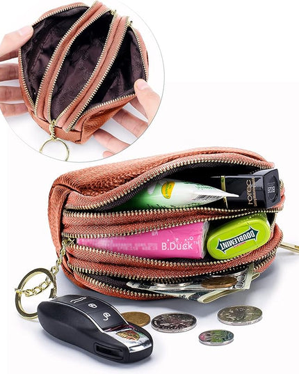 LINNO 3 Zippered Genuine Leather Coin Purse Triple Capacity Change Pouch Little Travel Wallet With Key Ring for Women