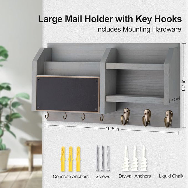 Lwenki Mail and Key Holder – Wall Mount Key Hanger with Shelf and 7 Metal Hooks – Decorative Natural Paulownia Wood Entryway Organizer with Mounting Hardware (16.5”W x 8.7”H x 3.5”D) (Gray)