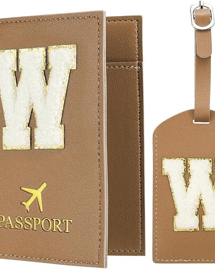 PATIKIL Passport Holder for Travel, Initial Passport Cover and Luggage Tag Set with Alphabet Chenille Letter Patch Travel Wallet Bag Suitcase Identifier for Women Family Travel Brown W