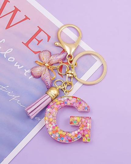 Fashion Alphabet Initial Letter Keychain Tassel Butterfly Pendant Key Ring for Purse Handbags Women Girl