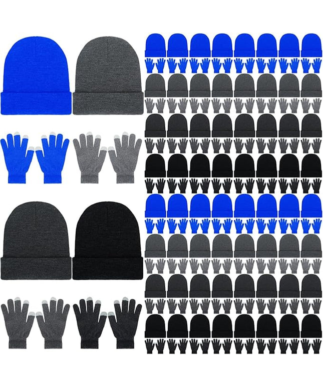 Suhine Bulk Winter Hats and Gloves Set Warm Beanie Gloves Pack Homeless Supplies for Cold Weather Charity