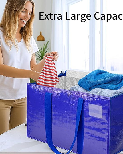 8 Pack-Extra Large Heavy Duty Moving Bags - Waterproof Storage Totes with Handles & Zippers, Foldable for College Dorm, Storage (Blue)