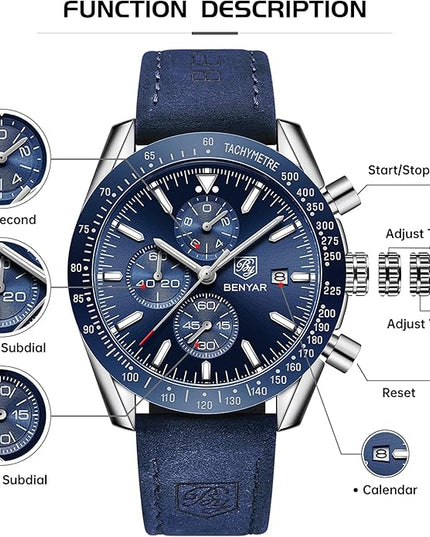 BY BENYAR Watch for Men Analog Quartz Chronograph Waterproof Luminous Designer Mens Wrist Watches Business Work Sport Casual Dress Watch with Silicone Strap Elegant Gifts for Men