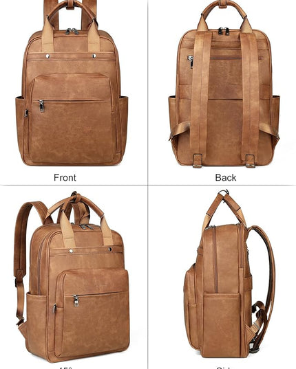 MASINTOR Leather Laptop Backpack for Women, Stylish Computer Backpack College Business Work Shoulder Bags Work and Travel Mocha Brown