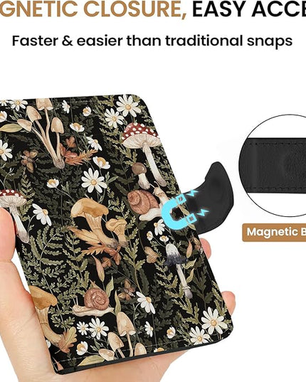 Passport Holder for Travel Essentials, RFID Blocking Leather Cover Wallet with Magnetic Closure, Aesthetic & Cute Passport Book Case for Women and Men - Mushroom
