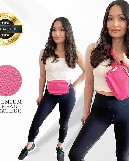 DANCOUR Leather Belt Bag for Women, Hot Pink Fanny Pack Crossbody, Stylish Waist Bag, Large Crossbody Belt Bag, Everywhere Bag for Travel & Daily Use, Trendy Leather Fanny Pack