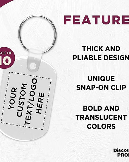 DISCOUNT PROMOS Tag Soft Plastic Keychains - 10 pack - Customizable Text, Logo - Small Key Tag Chain For Staying Organized - Rubber Key Ring Keychain – White