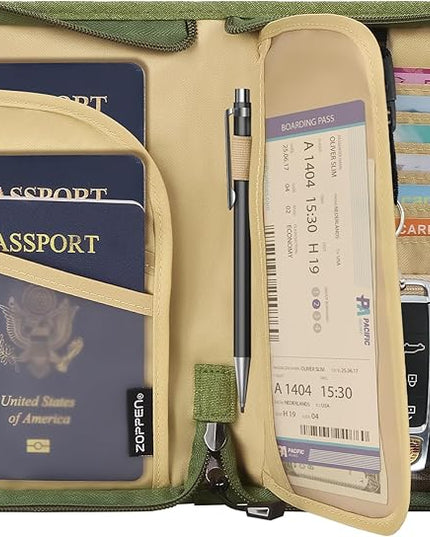ZOPPEN Passport Holder Family RFID Passport Wallet, Passport Holder Women/Men, Travel Wallet Documents Organizer Zipper Case with Removable Wristlet Strap, Travel Essentials for Flying
