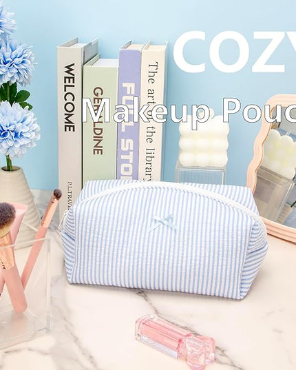 PAZIMIIK 6PCS Cozy Makeup Bag SET Travel Cosmetic Bag for Women Soft Toiletry Bag Aesthetic Makeup Organizer Portable Large Zipper Pouch for Skincare Beauty Accessories Brushes Stripe Blue