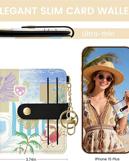 Sodsay Small Slim Wallet Women RFID Blocking, PU Leather Bifold Ladies Wallet with Zipper Coin Pocket, Thin Cute Travel Card Wallets for Girls, Blue Seaside Breeze