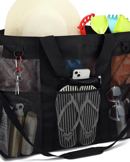 Mesh Beach Bag, Large Beach Tote with Zipper Pocket, Toys Pool Bag for Family Travel Vacation Cruise Essentials