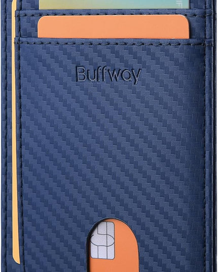 Buffway Slim Minimalist Front Pocket RFID Blocking Leather Wallets for Men and Women - Carbon Fiber Blue