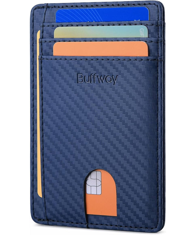 Buffway Slim Minimalist Front Pocket RFID Blocking Leather Wallets for Men and Women - Carbon Fiber Blue