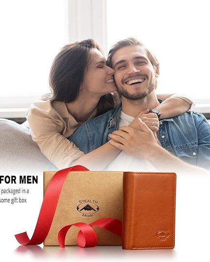 Stealth Mode Trifold Wallet - RFID Blocking Wallet with Flip ID Holder - Leather Case for Money, Credit Cards - Mens Organizer, Divided Billfold, Identity Protection - Men's Gifts (Light Brown)