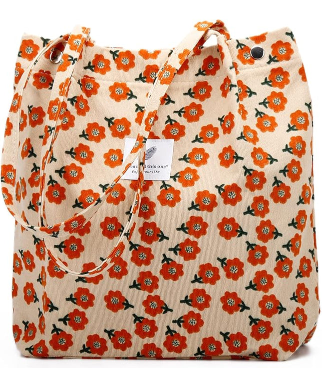 Corduroy Tote Bag Cute Tote Bags for Women Shoulder Bag with Inner Pocket for Work Beach Travel and Shopping Grocery