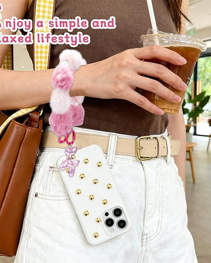 2 Pcs Phone Charm Wrist Strap with Tether Tab, Double Anti Lost Fluff Ball Beaded Wrist Lanyard, Detachable Leather Phone Charms for Bag, Key Chains, Camera Decor
