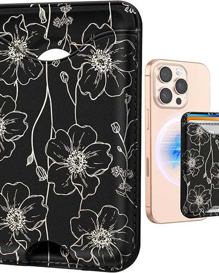 Shorogyt Compatible with Magsafe Wallet Magnetic Card Holder - Line Flower Phone Wallets for Women Teen Girls Cute for iPhone 17/16/15/14/13/12 Series Slim for Apple Mag RFID Magnet, Fit 3 Cards