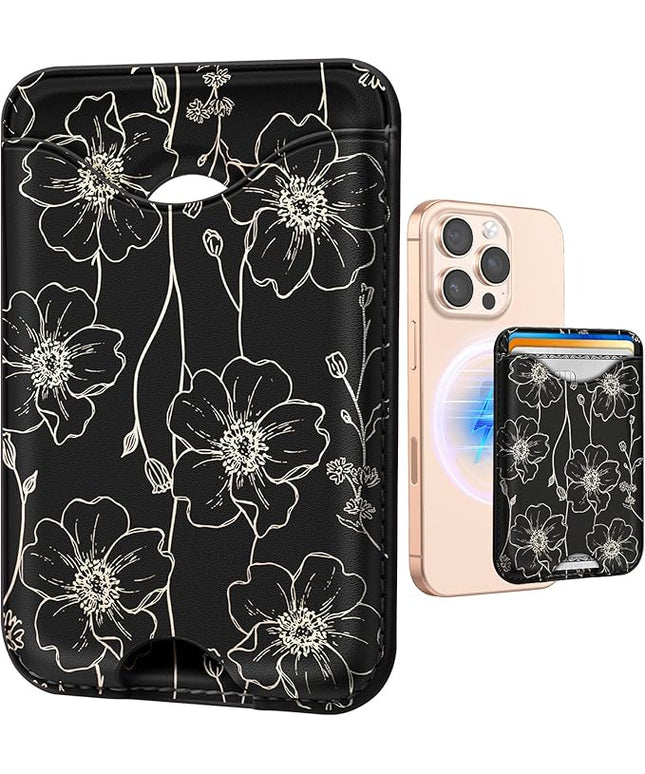 Shorogyt Compatible with Magsafe Wallet Magnetic Card Holder - Line Flower Phone Wallets for Women Teen Girls Cute for iPhone 17/16/15/14/13/12 Series Slim for Apple Mag RFID Magnet, Fit 3 Cards