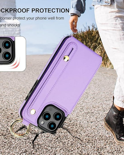 Folosu for iPhone 16 Pro Max Wallet Case with Card Holder, Hand Wrist Strap Loop Holder Kickstand, RFID Blocking Finger Grip Ring PU Leather Double Buttons Shockproof Cover 6.9" Purple